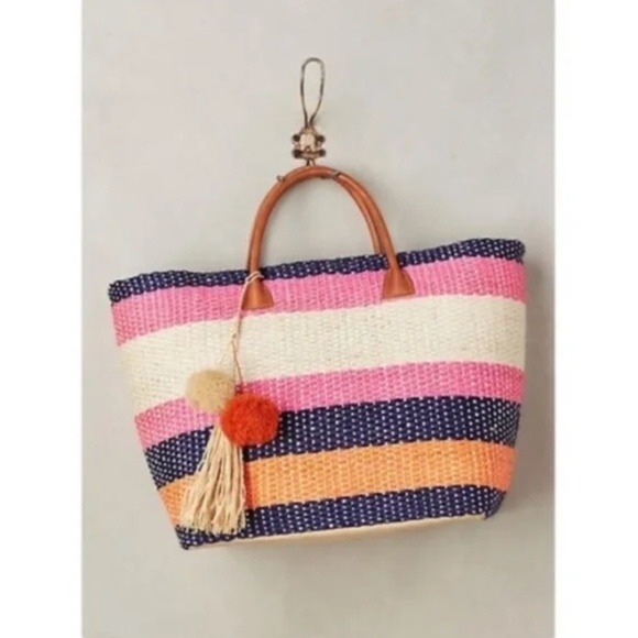 NWT! ANTHROPOLOGIE Pomaria Tassel Tote Straw Colorful Beach Pool Resort Vacation - Picture 9 of 15